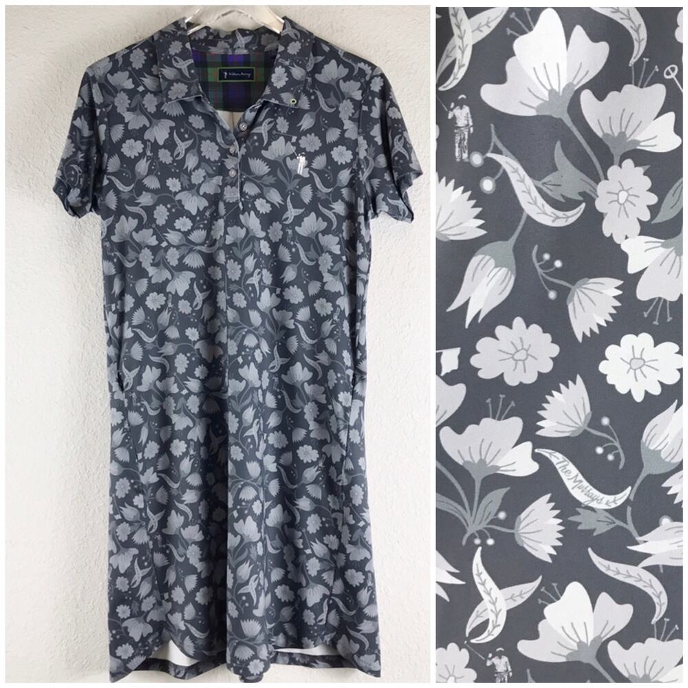 William Murray Golf Polo Dress In Bloom Floral Golfer Novelty Print Zip Pocket L